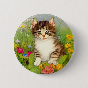 Vintages Lächeln Katze Illustration Button