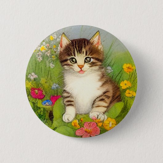 Vintages Lächeln Katze Illustration Button (Vorderseite)