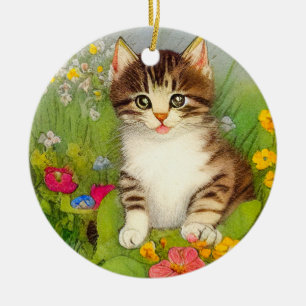 Vintages Lächeln Katze Illustration Keramik Ornament