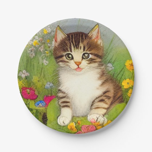 Vintages Lächeln Katze Illustration Pappteller (Vorderseite)