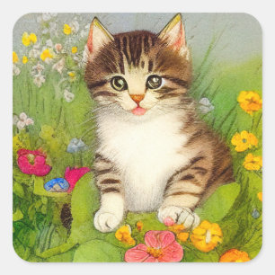 Vintages Lächeln Katze Illustration Quadratischer Aufkleber