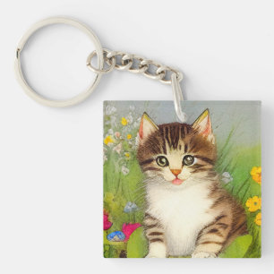 Vintages Lächeln Katze Illustration Schlüsselanhänger