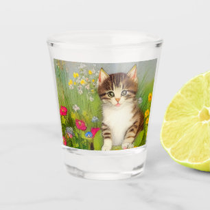 Vintages Lächeln Katze Illustration Schnapsglas