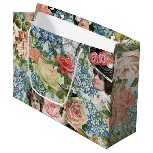 Vintages Lady Retro Botanisches Blume Muster Große Geschenktüte (Vorderseite Schrägansicht)