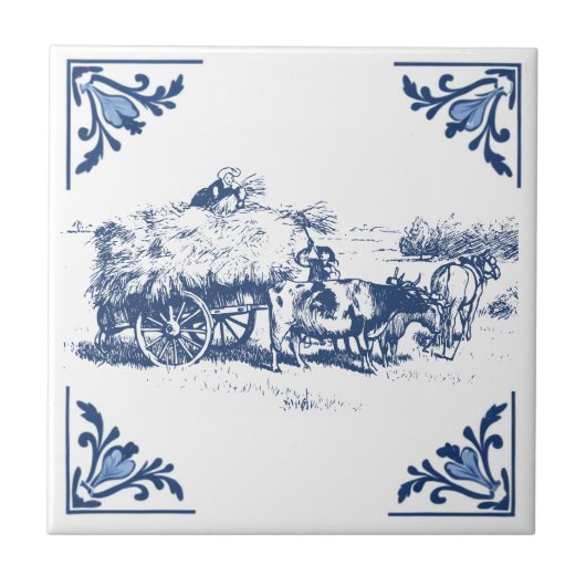 Vintages Land Loading Hay Delft Blau & Weiß Fliese (Vorderseite)