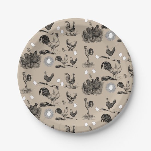 Vintages Landhühnerroster-Eiermuster Pappteller (Vorderseite)