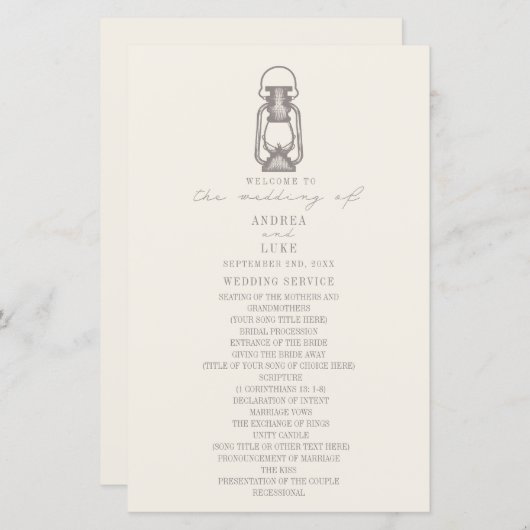 Vintages Laternenamethyst-Hochzeitsprogramm (Vorne/Hinten)