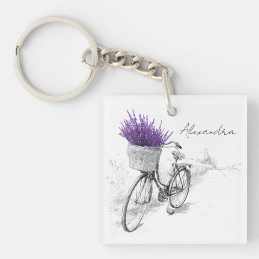 Vintages Lavendel-Fahrrad mit Blume-Korb Schlüsselanhänger (Vorderseite)