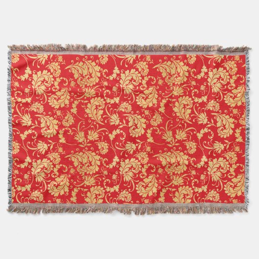 Vintages Leaf Damask Muster in Rot und Gold Decke (Vorderseite)