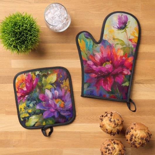 Vintages, lebendiges Blumenbild Ofenhandschuh & Topflappen-Set (Oben Unten)