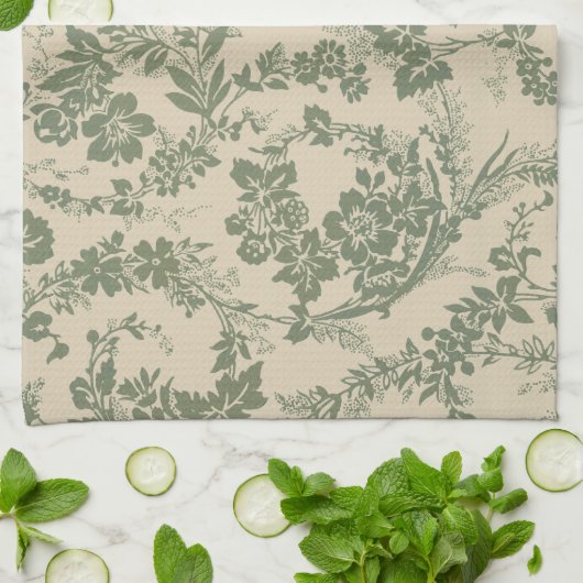 Vintages, lebendiges grünes Blumenmuster Geschirrtuch (Gefaltet)