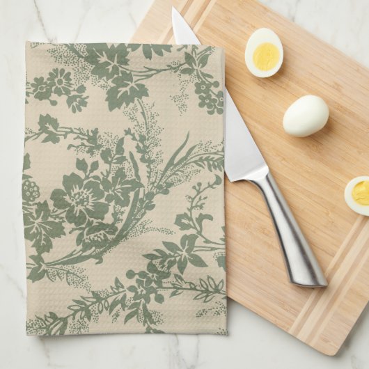 Vintages, lebendiges grünes Blumenmuster Geschirrtuch (Viertel Falte)