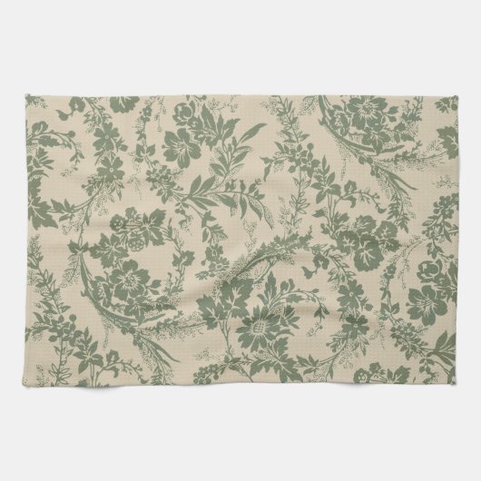 Vintages, lebendiges grünes Blumenmuster Geschirrtuch (Horizontal)