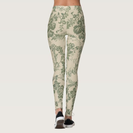 Vintages, lebendiges grünes Blumenmuster Leggings (Rückseite)