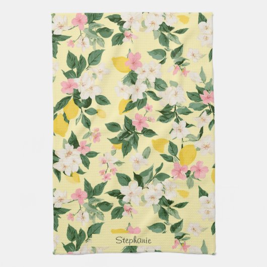 Vintages Lemon & Blossom-Muster auf Gelb Geschirrtuch (Vertikal)