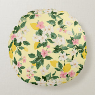 Vintages Lemon & Blossom-Muster auf Gelb Rundes Kissen