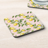 Vintages Lemon & Blossom-Muster auf rosa (2) Getränkeuntersetzer (Linke Seite)