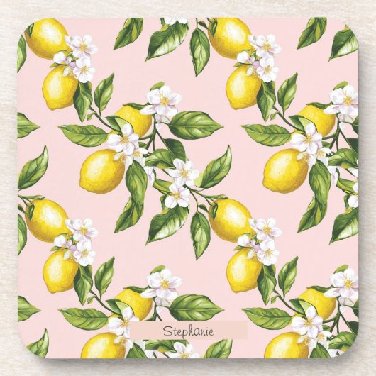 Vintages Lemon & Blossom-Muster auf rosa (2) Getränkeuntersetzer (Vorderseite)