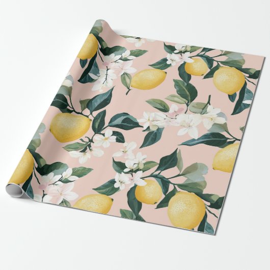 Vintages Lemon & Blossom-Muster in rosa Geschenkpapier (Ungerollt)