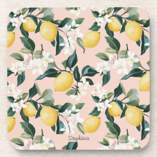 Vintages Lemon & Blossom-Muster in rosa Getränkeuntersetzer
