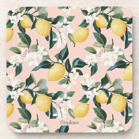 Vintages Lemon & Blossom-Muster in rosa Getränkeuntersetzer (Vorderseite)