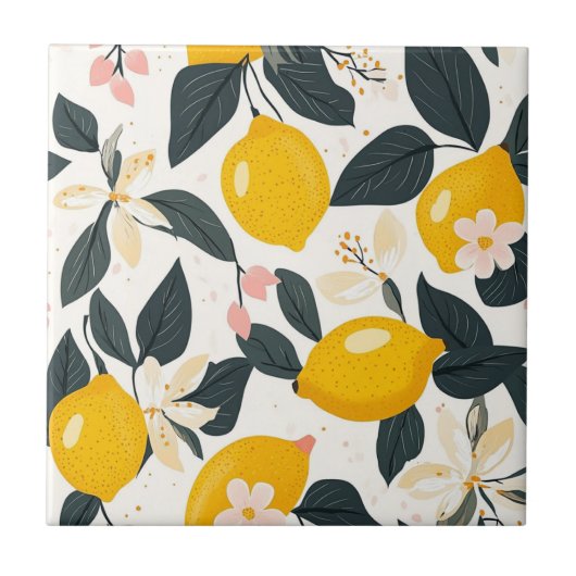 Vintages Lemon- und rosa Blossom-Muster Fliese (Vorderseite)