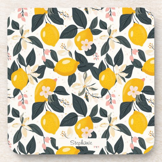 Vintages Lemon- und rosa Blossom-Muster Getränkeuntersetzer (Vorderseite)