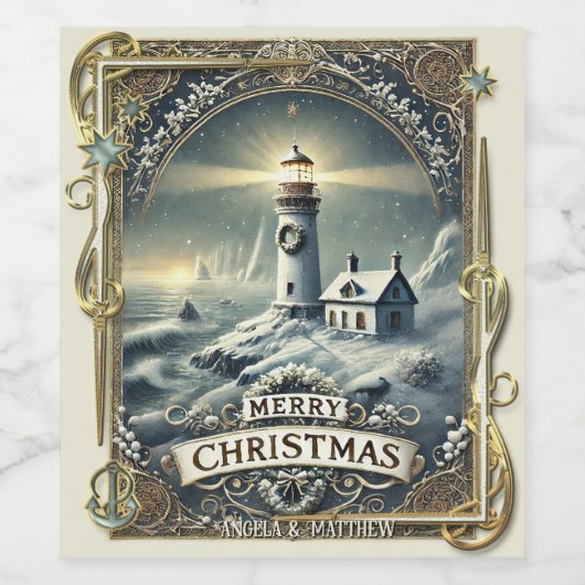 Vintages Leuchtturm Schönes Weihnachtsfest Weinetikett (Einzelnes Label)