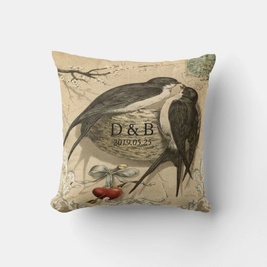 Vintages Liebe-Vogel-Nest-französisches Kissen (Vorderseite)