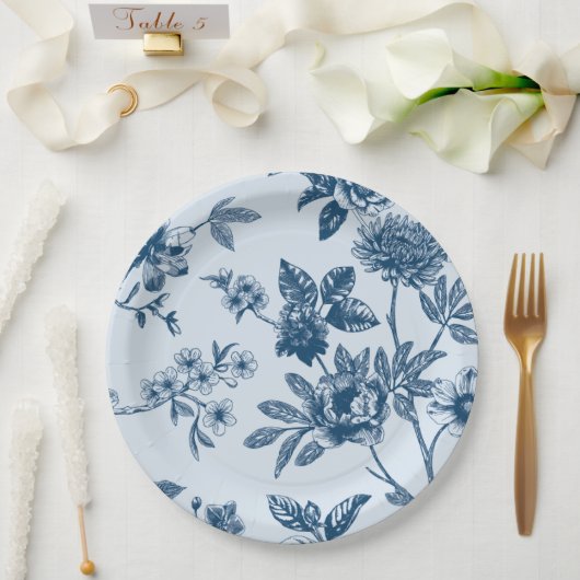 Vintages ligh Blue Floral Toile Muster Pappteller (Hochzeit)