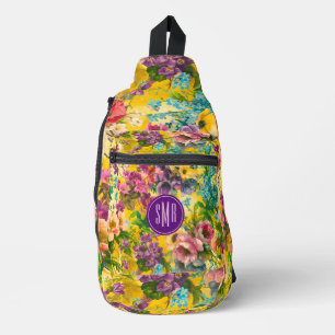 Vintages lila-blorgelbes Muster, monogramm Crossbody Bag