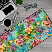 Vintages lila blumenblaues Muster Monogramm Schreibtischunterlage