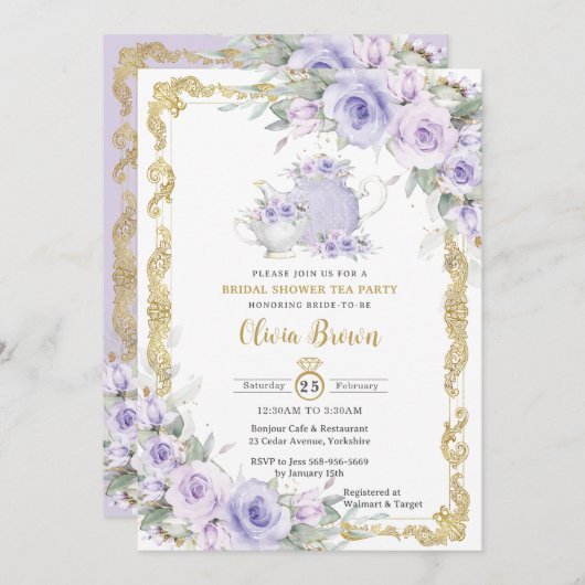 Vintages Lila Blumenkohl Party Brautparty Einladung (Vorne/Hinten)