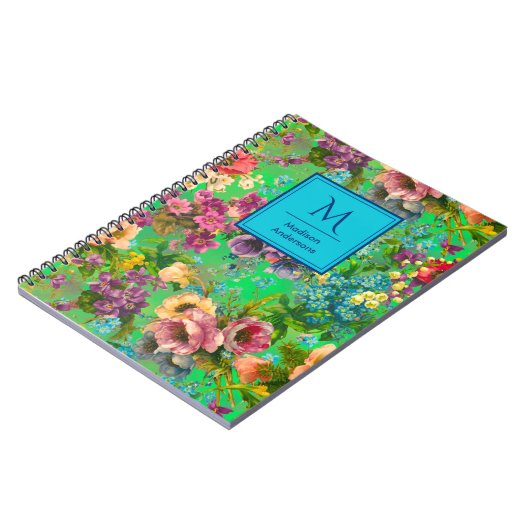 Vintages lila Blumenmuster Monogramm Notizblock (Linke Seite)