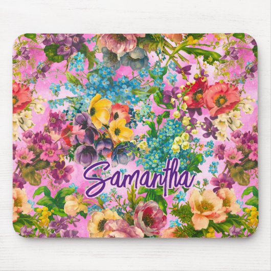 Vintages lila Blumenrosa-Muster Mousepad (Vorne)