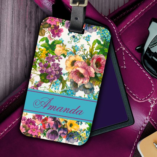 Vintages lila Blumenweißmuster Monogramm Gepäckanhänger
