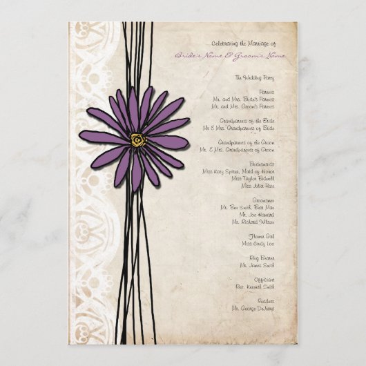 Vintages Lila Daisy-Hochzeitsprogramm Programm (Vorderseite)
