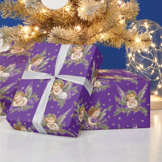 Vintages lila Engelmuster Geschenkpapier (Feiertage)