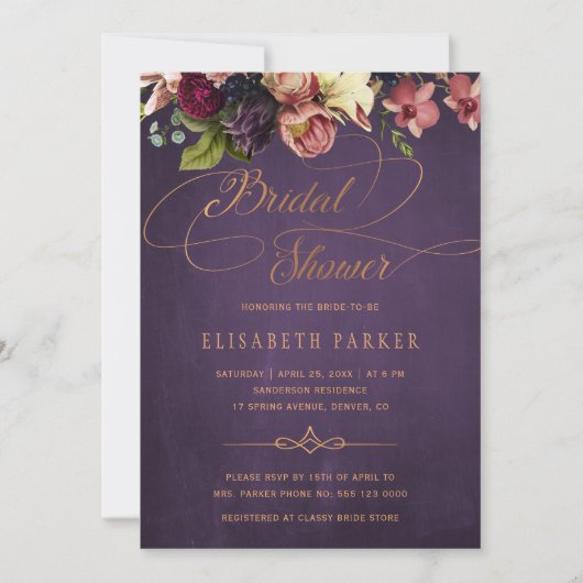 Vintages lila Goldskript-Brautparty Einladung (Vorderseite)