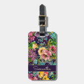 Vintages lila schwarzes Blumenmuster Monogramm Gepäckanhänger (Vorderseite vertikal)