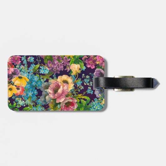 Vintages lila schwarzes Blumenmuster Monogramm Gepäckanhänger (Rückseite horizontal)