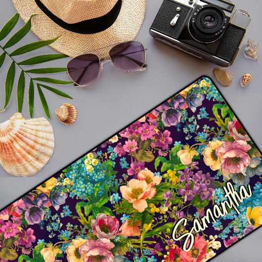 Vintages lila schwarzes Blumenmuster Schreibtischunterlage