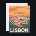 Vintages Lissabon Portugal - Reise Postkarte<br><div class="desc">Mit dieser Vintagen Postkarte, die das idyllische Stadtbild von Lissabon zeigt, erleben Sie die zeitlose Schönheit Portugals. Das Kunstwerk zeigt die bezaubernden Dächer und historischen Gebäude der Stadt, darunter die markante Kuppel des Nationalpantheons, die alle Set gegen einen atemberaubenden, farbenfrohen Sonnenuntergang. Das Design erinnert an ein klassisches Retro-Poster-Ambiente, das perfekt...</div>