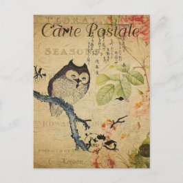 Vintages Little Owl Pink Roses Französisch Postkarte
