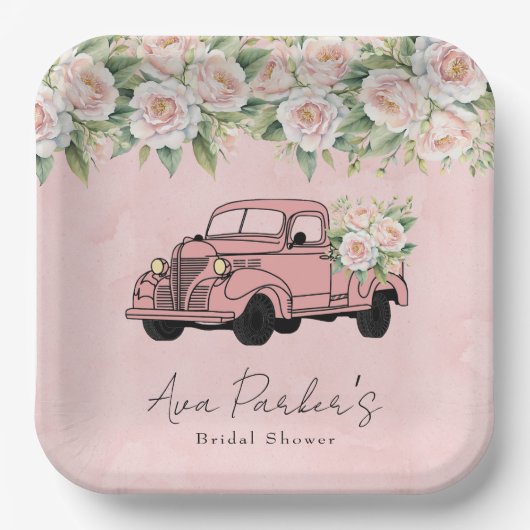 Vintages LKW-Brautparty Rosa Pink Pappteller (Vorderseite)