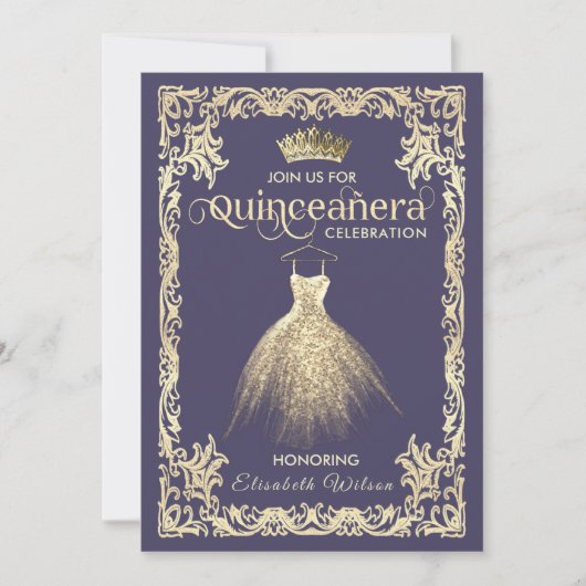 Vintages Luxus-funkelndes Kleid tiara Quinceañera Einladung (Vorderseite)
