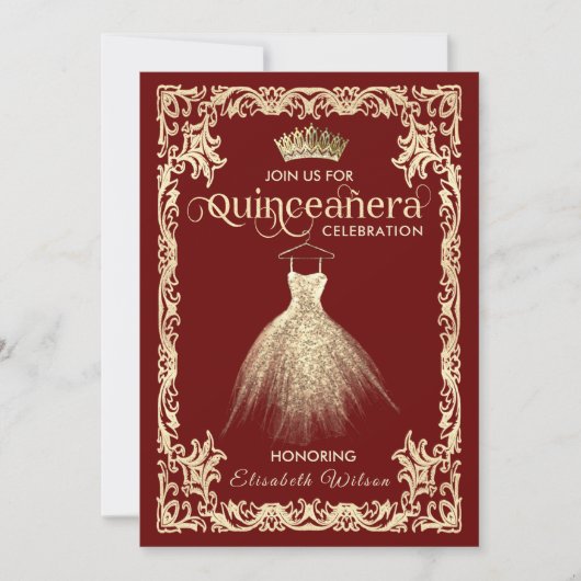 Vintages Luxus-funkelndes Kleid tiara Quinceañera Einladung (Vorderseite)