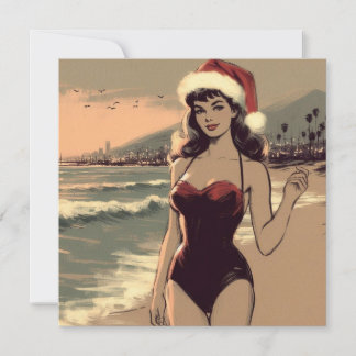 Vintages Mädchen am Strand und Weihnachtsmannmütze Feiertagskarte