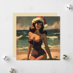 Vintages Mädchen am Strand und Weihnachtsmannmütze Feiertagskarte