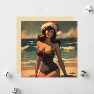 Vintages Mädchen am Strand und Weihnachtsmannmütze Feiertagskarte